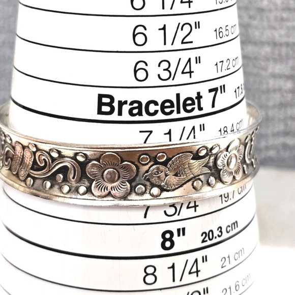 Floral Bird Cuff Bracelet Artisan-Created White Copper and Zinc Oxidized - Picture 9 of 11